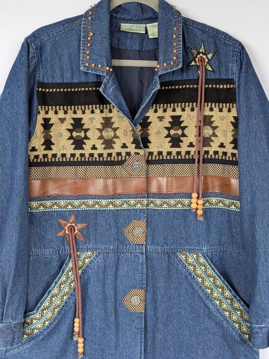 220 Hickory Jackets & Blazers - Vintage 220 Hickory Women Jacket Blue Denim Southwestern Aztec Fringe Lined MED